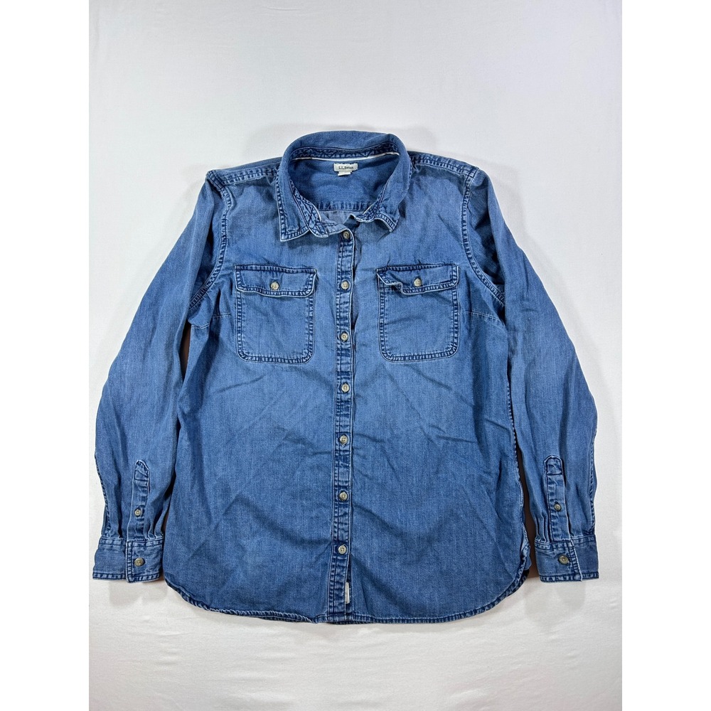 LL Bean Denim Button Down Shirt Womens Medium Tall Blue Long Sleeve Cotton